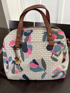 Fossil Crossbody Dome Satchel Floral Handbag Detachable Strap Key Charm